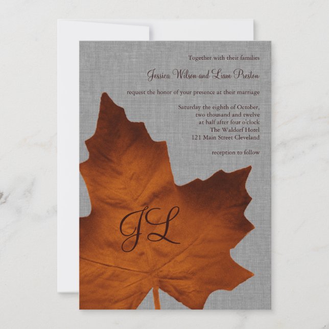 Invitación de boda de lino naranja con monograma (Anverso)