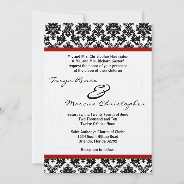 Invitación de boda de lino rojo crimson damasco ne (Anverso)