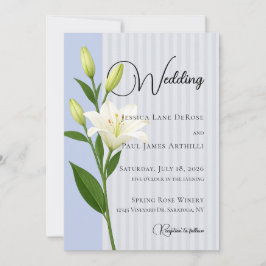 Invitación de boda de lirio blanco con rayas azule