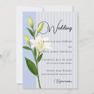 Invitación de boda de lirio blanco con rayas azule