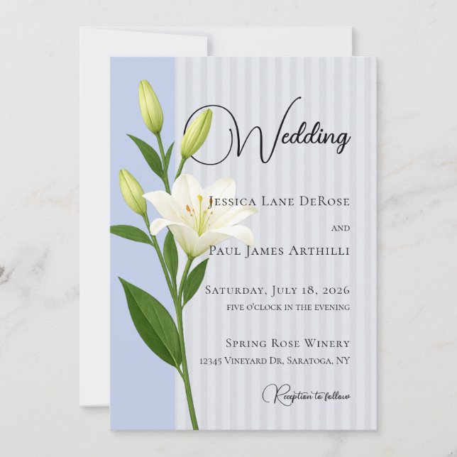 Invitación de boda de lirio blanco con rayas azule (Anverso)