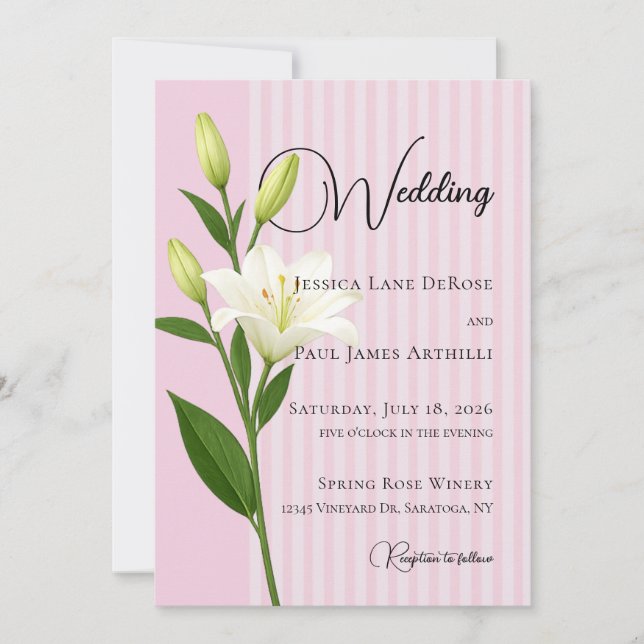 Invitación de boda de lirio blanco con rayas de ro (Anverso)