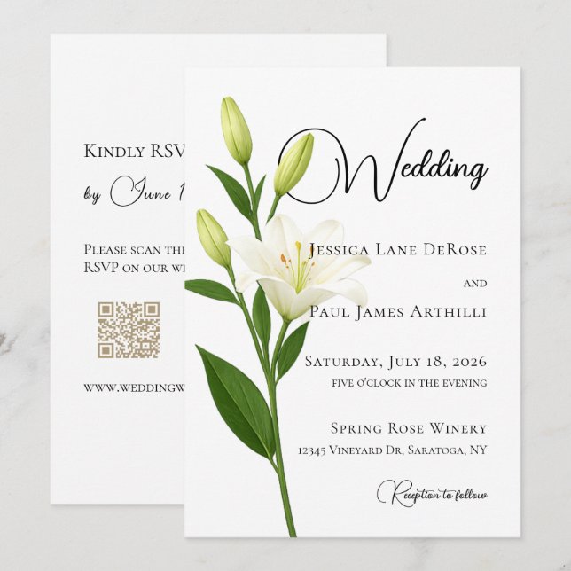 Invitación de boda de lirio blanco elegante (Anverso / Reverso)