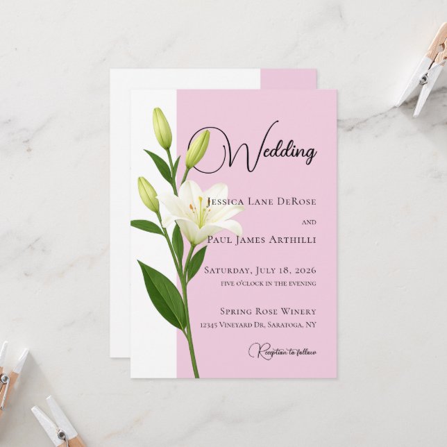 Invitación de boda de lirio blanco rosa suave (Anverso/Reverso In Situ)
