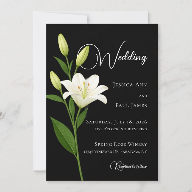 Invitación de boda de lirio blanco y negro elegant (Anverso)