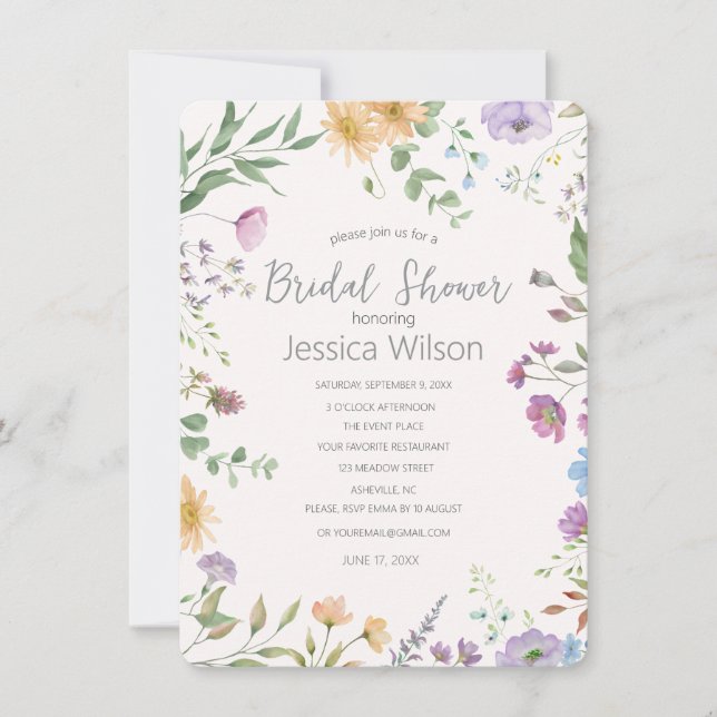 Invitación de boda de lluvia de flores de acuarela (Anverso)
