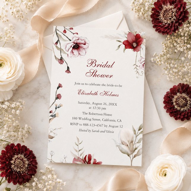 Invitación de boda de lluvia de flores de marfil d (Burgundy Ivory Floral Bridal Shower Invitation)