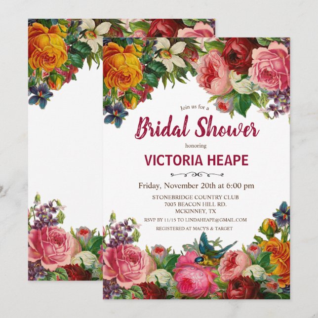 Invitación de boda de lluvia de flores victorianas (Anverso / Reverso)