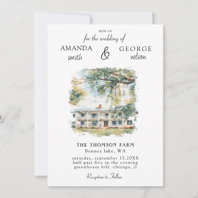 Invitación de boda de lugar de acuarela (Anverso)