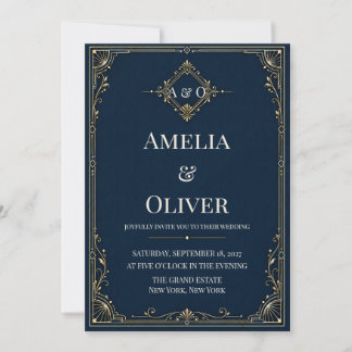 Invitación de boda de lujo Art Déco con monograma 
