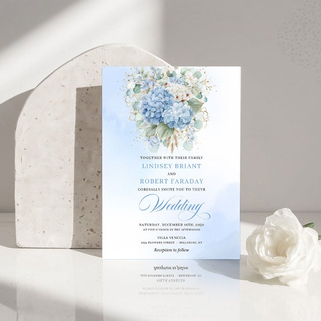 Invitación de boda de lujo azul hortensia dorada (Luxury Blue Hydrangea Gold Wedding Invitation)