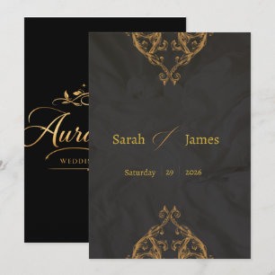 Invitación de boda de lujo azul real y dorado