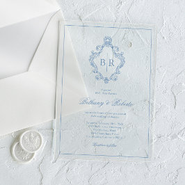 Invitación de boda de lujo azul rococó acrílico