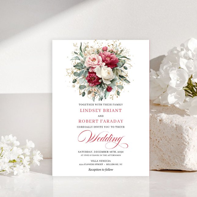 Invitación de boda de lujo bohemio rubí rojo y oro (Luxury Bohemian Ruby Red White Gold Wedding Invite)