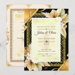 Invitación de boda de lujo boho negra y dorada