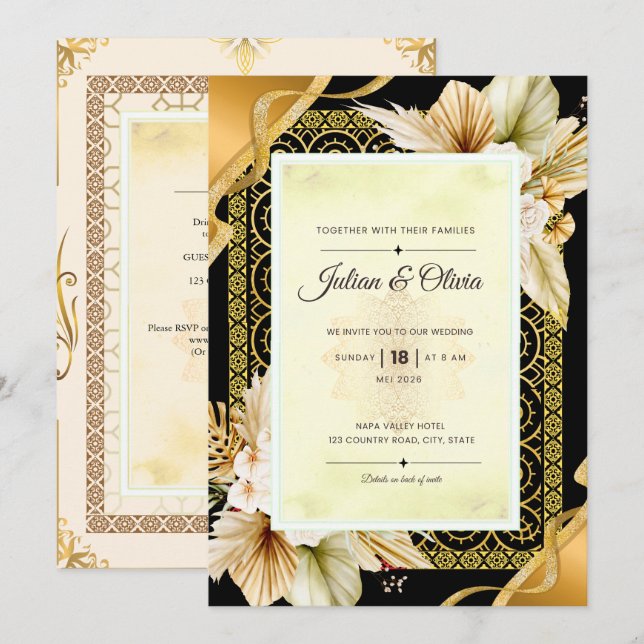 Invitación de boda de lujo boho negra y dorada (Anverso / Reverso)