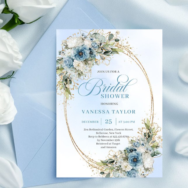 Invitación de boda de lujo con flores azules polvo (Luxury Dusty Blue Flowers Bridal Shower Invitation)