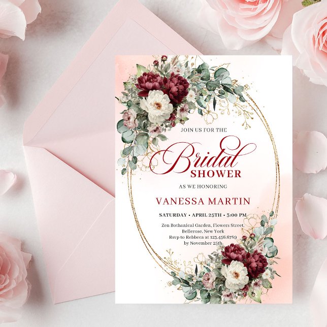 Invitación de boda de lujo con flores rojas y dora (Luxe Deep Red and Gold Floral Bridal Shower Invitation)