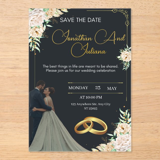 Invitación de boda de lujo con flores y acrílico p (Anverso)