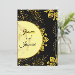 Invitación de boda de lujo con mandala negro y dor