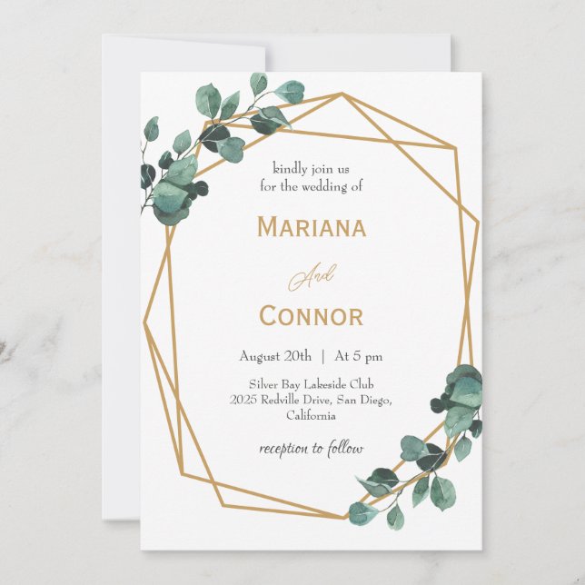Invitación de boda de lujo con marco dorado y vege (Anverso)
