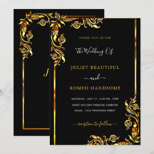 Invitación de boda de lujo con marco floral dorado