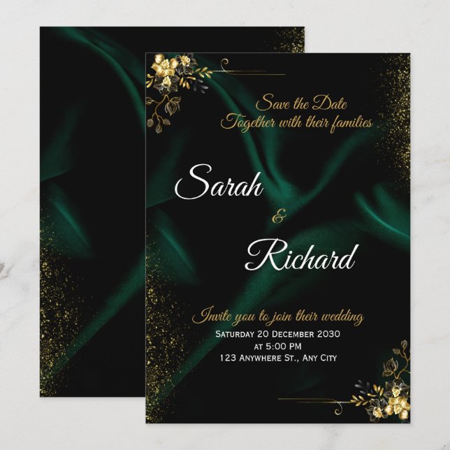 Invitación de Boda de Lujo con Oro Esmeralda (Anverso / Reverso)