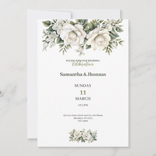 Invitación de boda de lujo con rosas blancas dorad (Anverso)