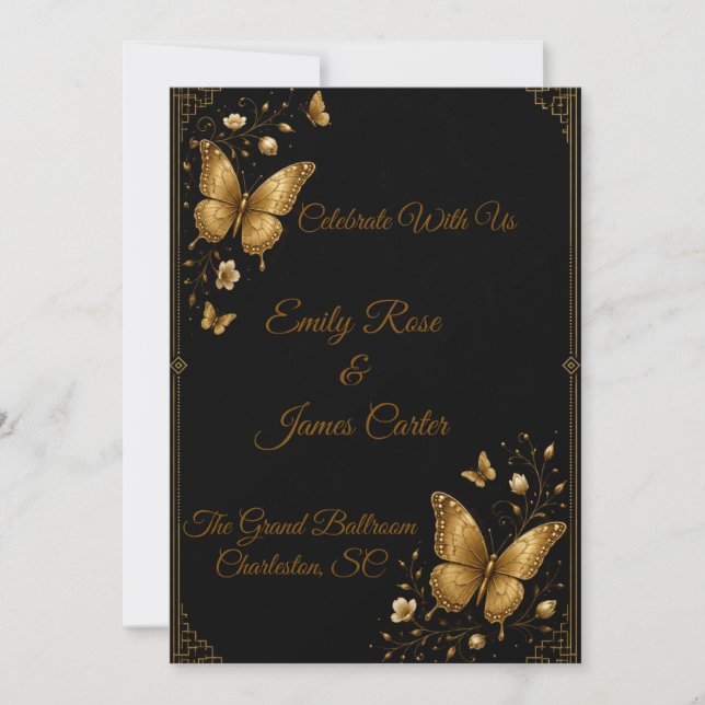 Invitación de boda de lujo de mariposa de oro negr (Anverso)