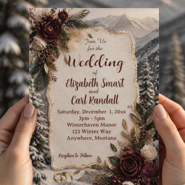 Invitación de Boda de Lujo de Montaña de Invierno (AI Generated Hands Holding Card)