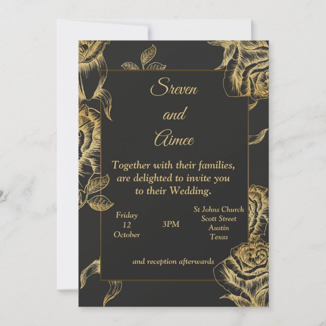 Invitación de boda de lujo, dorado y negro (Anverso)