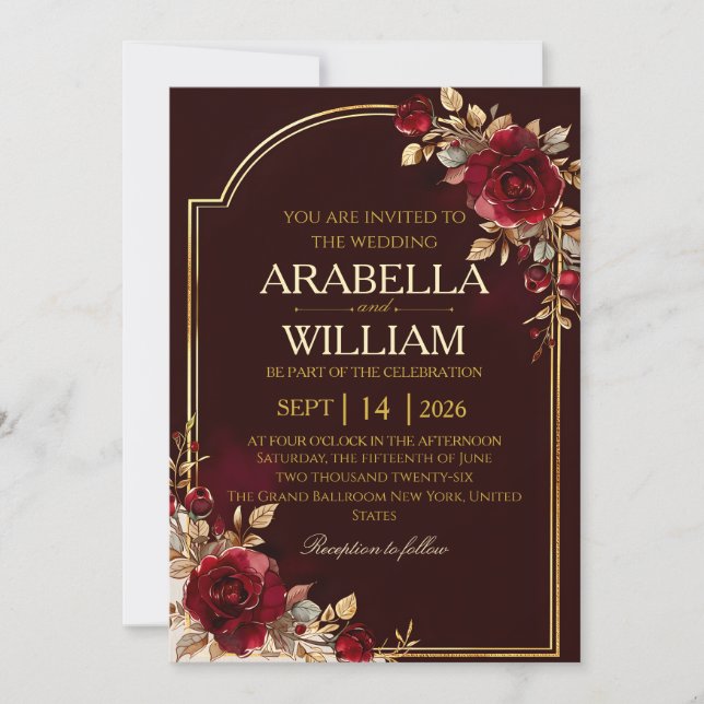 Invitación de boda de lujo elegante borgoña (Anverso)