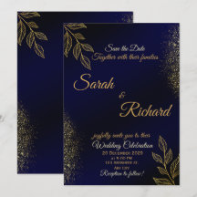 Invitación de boda de lujo en azul marino y dorado