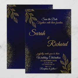 Invitación de boda de lujo en azul marino y dorado