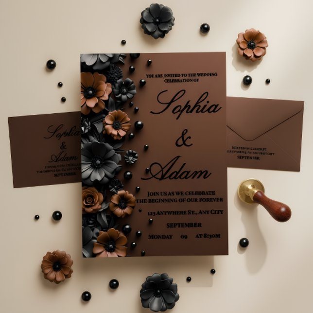Invitación de boda de lujo en bronce y negro con f (Subido por el creador)