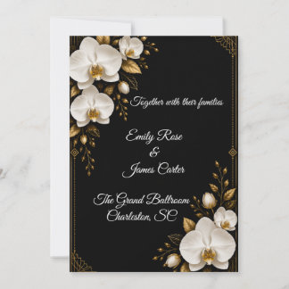Invitación de boda de lujo en negro, oro y orquíde