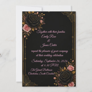 Invitación de boda de lujo en negro, oro y rosa be