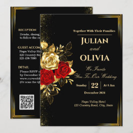 Invitación de boda de lujo en negro, oro y rosa ro