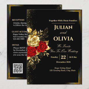 Invitación de boda de lujo en negro, oro y rosa ro