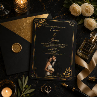 Invitación de boda de lujo en negro y oro