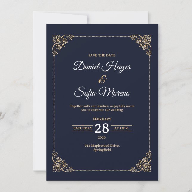 Invitación de boda de lujo en oro personalizada (Anverso)