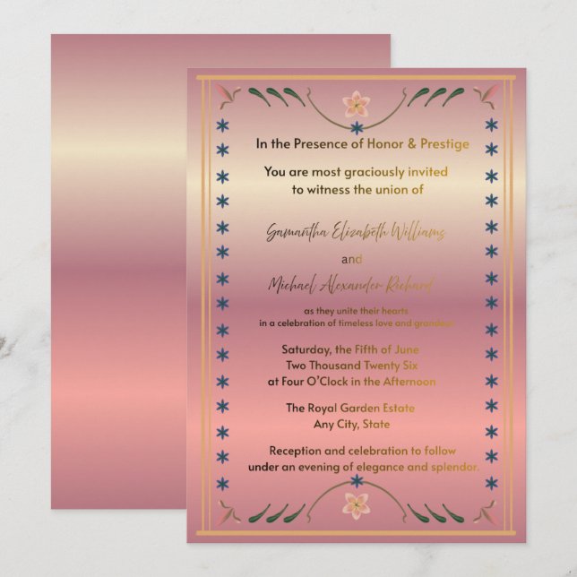 Invitación de Boda de Lujo en Rosa Dorado – Flor E (Anverso / Reverso)