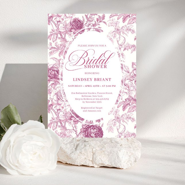 Invitación de boda de lujo en rosa oro con toile f (Luxury Rose Gold Floral Toile Bridal Shower Invitation)