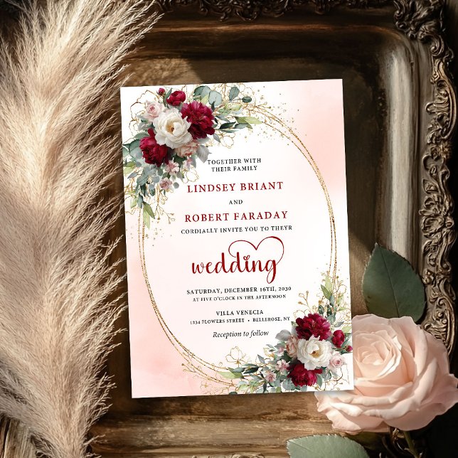 Invitación de boda de lujo floral boho Borgoña (Burgundy Boho Floral Luxury Wedding Invitation)