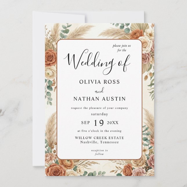 Invitación de boda de lujo floral terracota boho (Anverso)