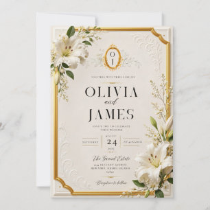Invitación de boda de lujo lirio blanco dorado ele