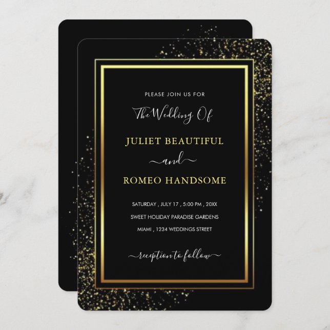 Invitación de Boda de Lujo Marco Dorado Oro Negro (Anverso / Reverso)