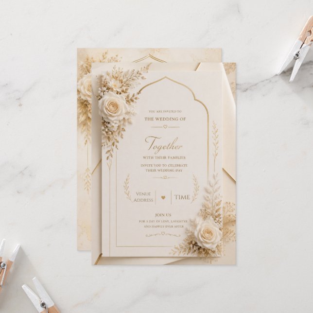 Invitación de boda de lujo marfil y oro (Anverso/Reverso In Situ)