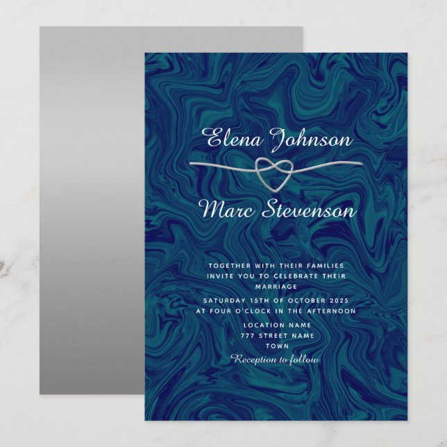 Invitación de boda de lujo mármol azul plateado (Anverso / Reverso)