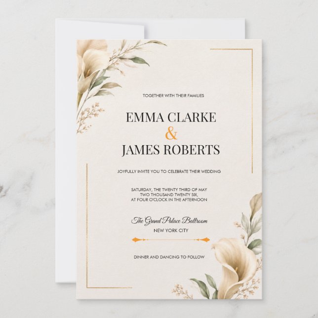 Invitación de boda de lujo moderna con floral beig (Anverso)